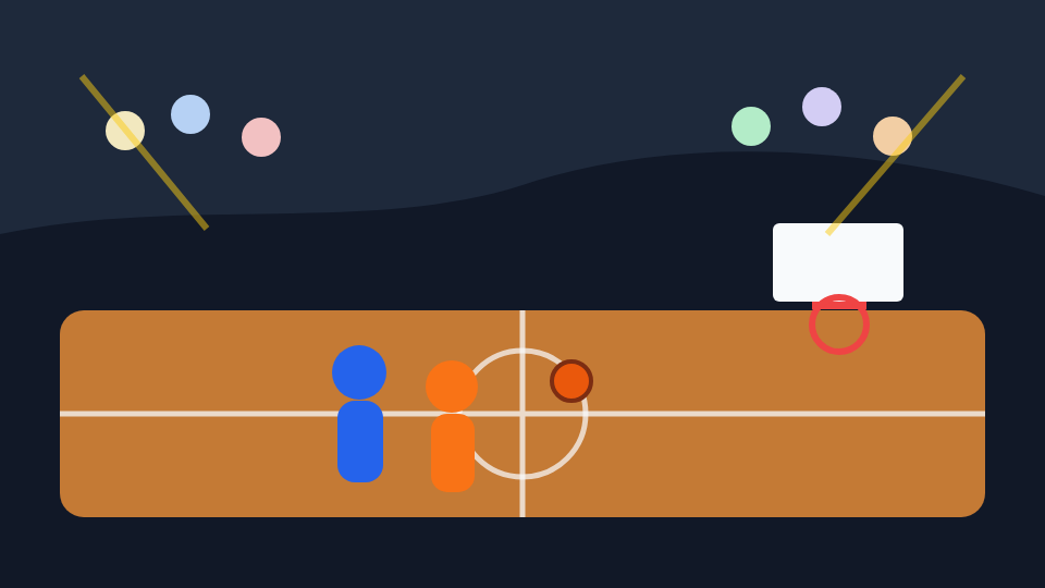 Basketball arena atmosphere with fans, court lights, players, and a hoop.
