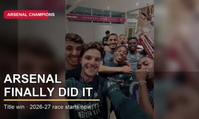 Arsenal players celebrating the Premier League title with headline text: Arsenal Finally Did It.