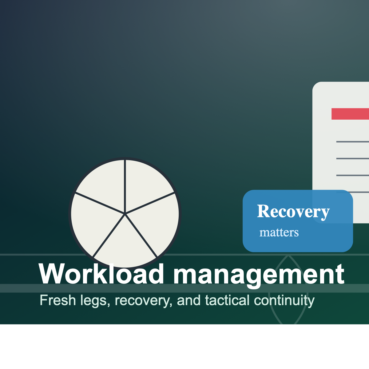 Football workload management scene with ball, recovery equipment, and schedule notes.