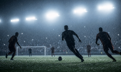 Cinematic football match action under stadium floodlights illustrating Manchester City beating stubborn Brentford in the title race.