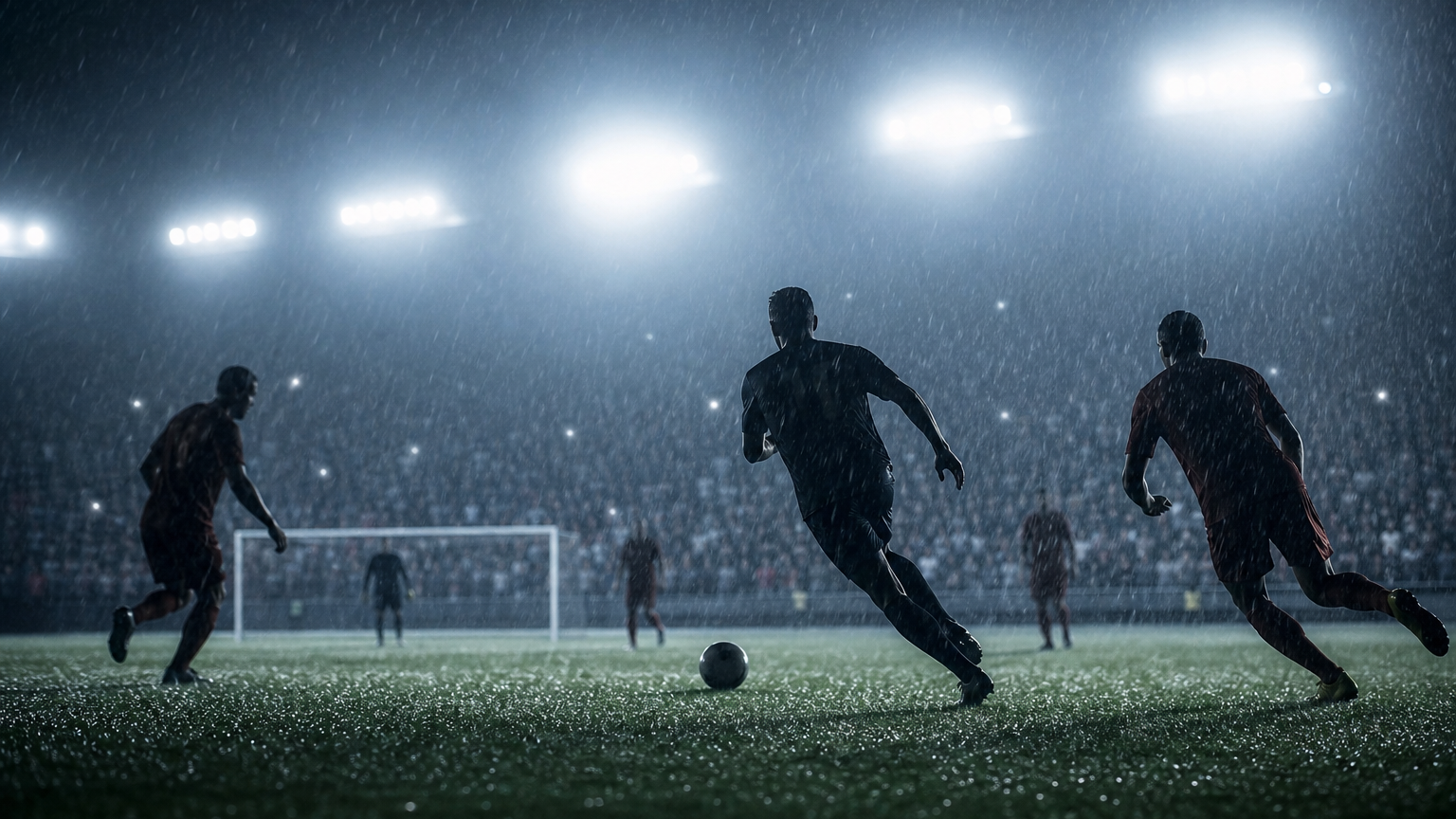 Cinematic football match action under stadium floodlights illustrating Manchester City beating stubborn Brentford in the title race.