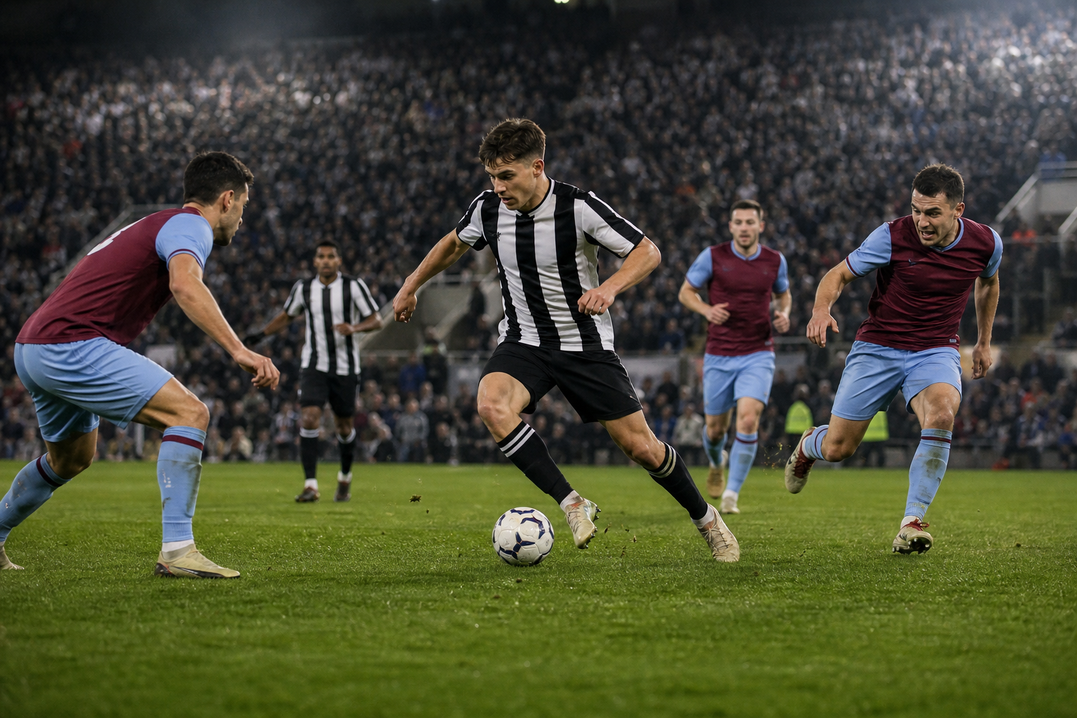 Football forward dribbling under pressure in a stadium, illustrating Newcastle and West Ham match analysis