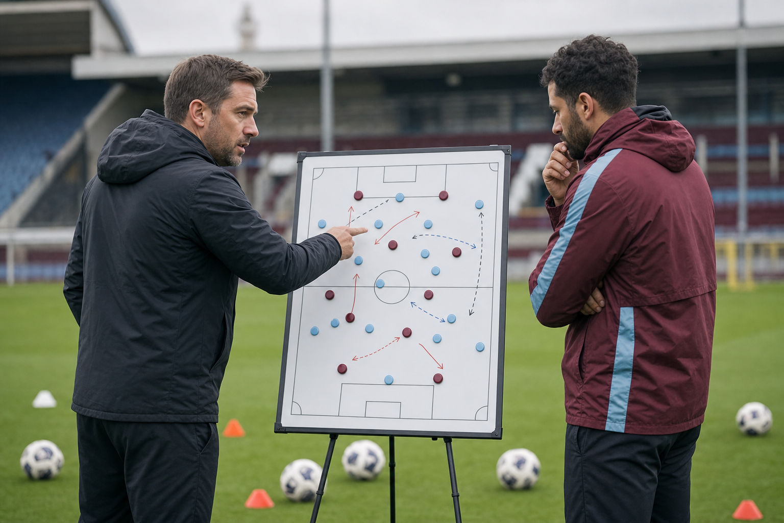 Coaches review tactical pressing patterns on a football pitch before a high-pressure Newcastle and West Ham match
