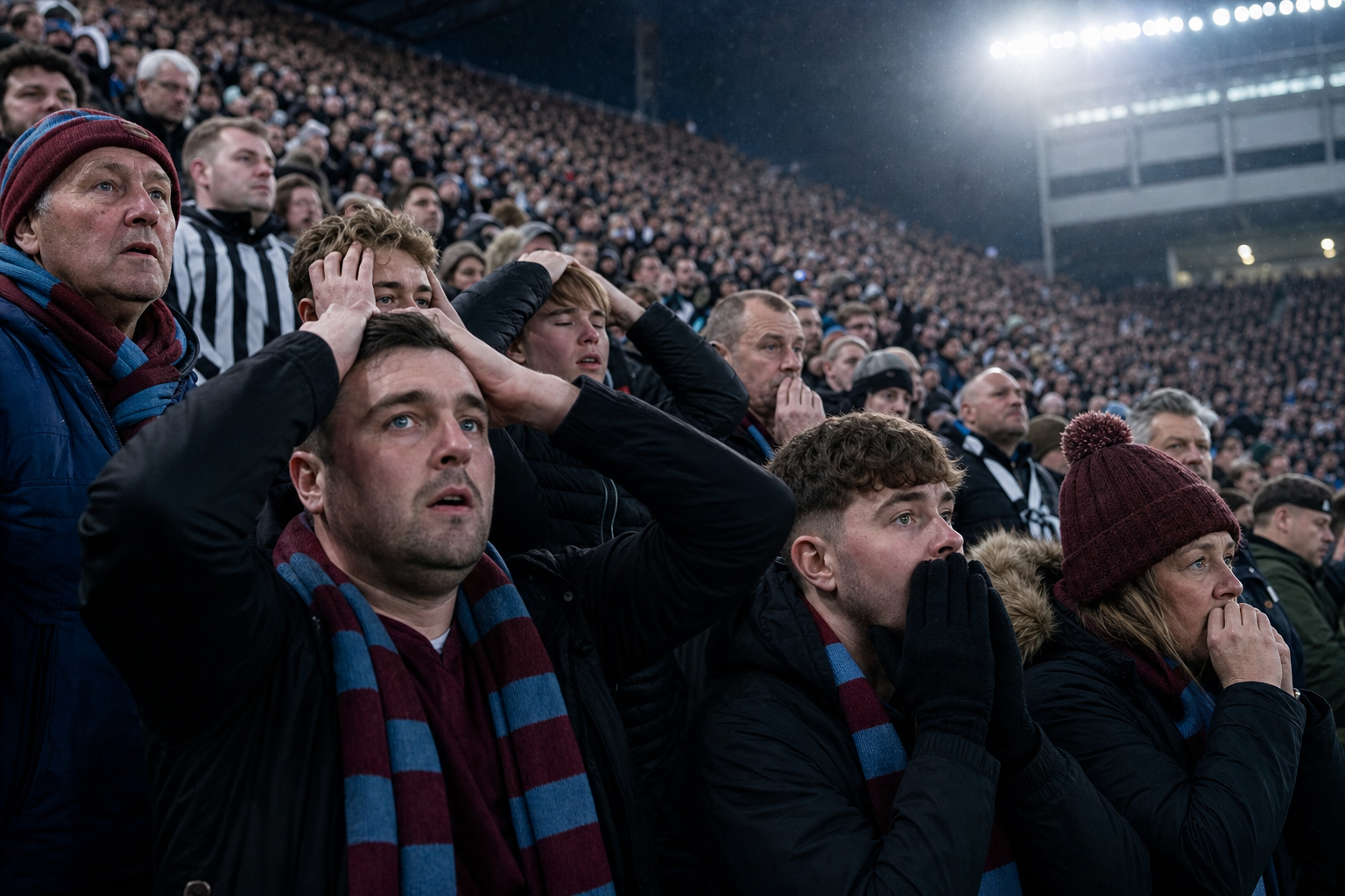 Tense football supporters react during a late-season match as relegation pressure builds