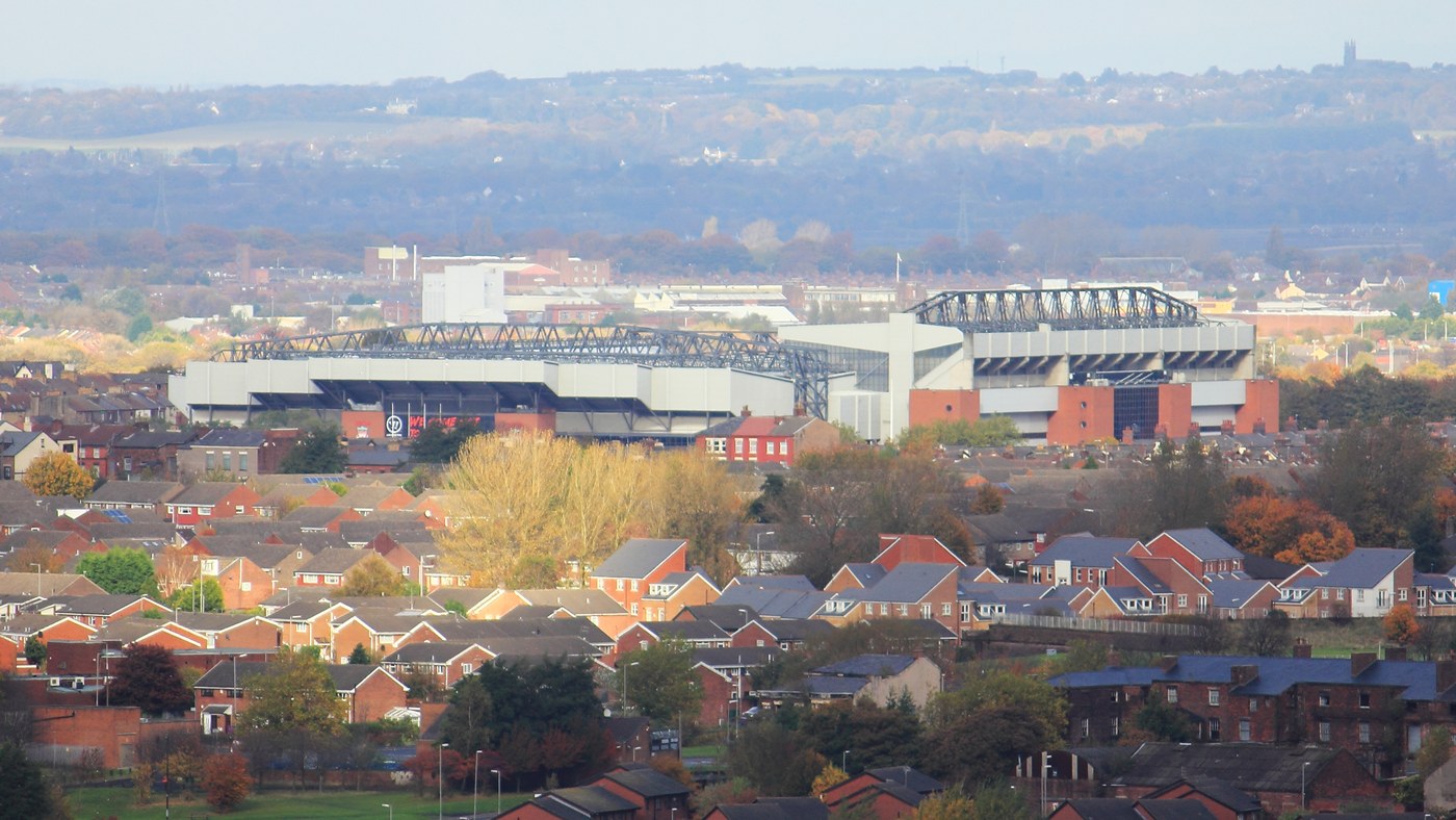 Anfield stadium viewed from Liverpool Cathedral, illustrating the home-ground setting and supporter backdrop.